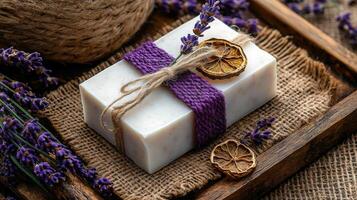 Aromatic Lavender and Citrus Handmade Soap Bar Beautifully Presented on Rustic Burlap photo