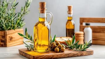 Delicious Olive Oil in Glass Bottle with Olives and Bread on Wooden Board Healthy Mediterranean Diet Concept photo