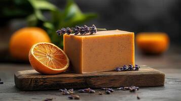 Aromatic Orange and Lavender Handmade Soap Bar on Wooden Board Natural Spa Product photo