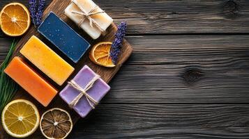 Aromatic Handmade Soap Bars with Dried Orange and Lavender on Rustic Wood photo