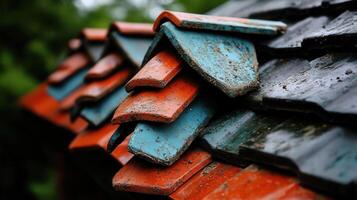 Close up view of weathered red and teal roof tiles showing texture and age A detailed image of aged roofing material photo