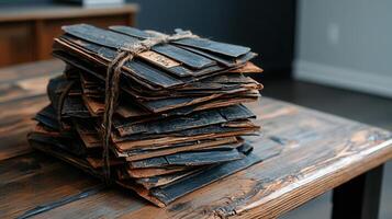 Stack of Vintage Aged Papers Tied with Twine on Rustic Wooden Table A Collection of Old Documents and Books photo