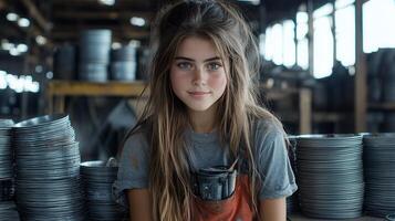 Young Woman with Long Brown Hair Posing in Industrial Setting near Metal Stacks photo