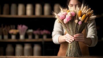 Woman Florist Holding a Beautiful Bouquet of Dried Flowers in a Shop photo