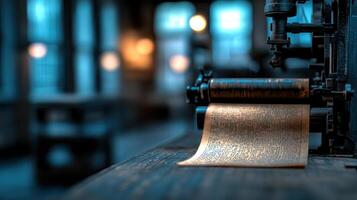 Vintage Printing Press Machine Printing Text on Old Paper in a Factory Setting photo