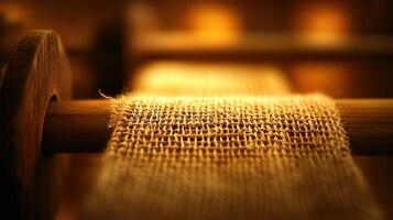 Golden Hour Burlap Fabric Rolled on Wooden Spools Rustic Texture Background photo