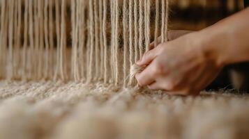 Hands Weaving Beige Yarn on a Loom Close Up Shot Textile Craft Production photo