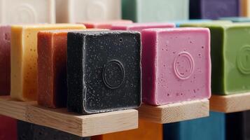 Colorful Aromatic Handmade Soap Bars on Wooden Rack Variety of Scents and Colors photo