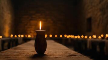 Single lit candle in rustic brown vase on a table with many candles blurred in the background photo