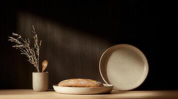 Rustic Speckled Ceramic Dishes with Bread and Dried Flowers Still Life photo
