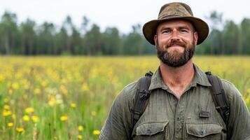 Happy Man in Hat Smiles in a Yellow Flower Field Nature photo
