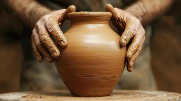 Skilled Potter's Hands Shaping Clay Pot on Wheel Artisan Craft and Pottery Making photo