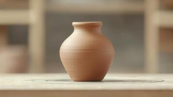 Unfinished Clay Vase on Potter's Wheel in Workshop Studio Handcrafted Pottery Art Creation Process photo
