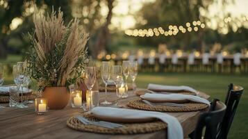 Romantic Outdoor Wedding Reception Table Setting with Pampas Grass Centerpiece at Sunset photo