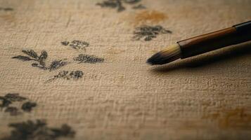 Artist's Paintbrush Resting on Textured Paper with Delicate Ink Drawings of Flowers and Leaves photo