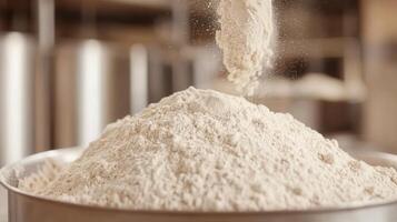 Adding Flour to a Large Bowl Baking Ingredient Preparation Process Close Up photo