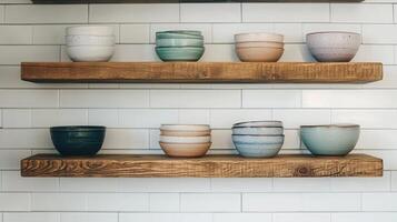 Rustic Wooden Shelves Displaying Stacked Ceramic Bowls in a Modern Kitchen photo