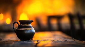 Ancient Style Black Pottery Jug on Rustic Wooden Table Warm Sunset Background photo