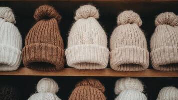 Warm Winter Knitted Beanies Hats Collection on Shelf Display Soft Cozy Accessories for Cold Weather photo