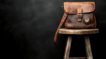 Rustic Brown Leather Messenger Bag on Wooden Stool Dark Background Stylish Vintage Accessory photo