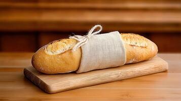 Freshly Baked Crusty Bread Loaf Wrapped in Linen on Wooden Board photo