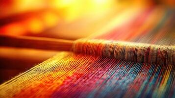 Vibrant Colorful Threads Woven on a Loom Close Up Textile Production photo