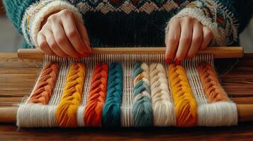 Woman's Hands Weaving Colorful Yarn Wall Hanging Craft Project photo