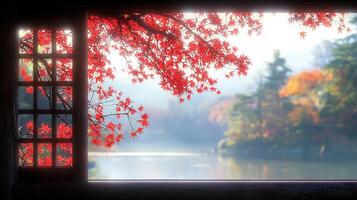 Serene Autumn Landscape Seen Through Traditional Window Frame Red Maple Leaves and Misty Lake photo