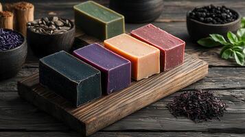 Aromatic Handmade Soap Bars on Wooden Board Natural Ingredients Variety of Colors and Scents for Spa and Wellness photo