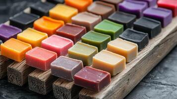 Colorful Handmade Soap Bars on Rustic Wooden Board Variety of vibrant colors for bath and body care photo