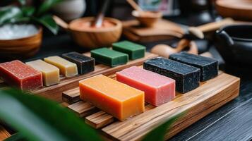 Colorful Handmade Soap Bars on Wooden Display Tray Spa Products photo