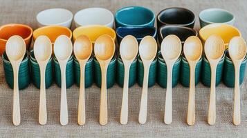Rustic Wooden Spoons and Colorful Bowls Arranged for a Kitchenware Display photo