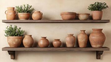 Rustic terracotta pots and plants arranged on wooden shelves against a beige wall A charming home decor still life photo