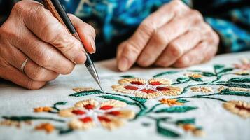 Close up of Elderly Hands Skillfully Embroidering Delicate Floral Design on White Fabric photo