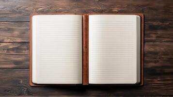 Open lined notebook with brown leather cover on wooden table Perfect for journaling note taking or planning photo