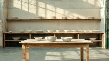 Rustic Pottery Studio Handmade Ceramic Bowls and Plates on Wooden Shelves photo