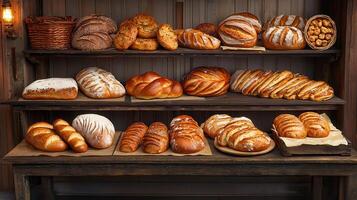 Artisan Breads Displayed on Rustic Wooden Shelves in a Bakery Shop Variety of Freshly Baked Loaves and Rolls photo