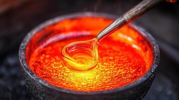 Molten Glass Blowing Process Hot Glass Liquid in a Crucible Glassmaking Craft Art photo
