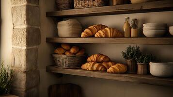 Delicious Croissants and Bread on Rustic Wooden Shelves in a Cozy Kitchen photo