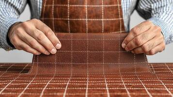Craftsman's Hands Showing High Quality Brown Leather Fabric Detail Close Up photo