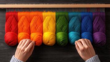 Woman's Hands Preparing Rainbow Colored Yarn for Weaving on a Loom photo