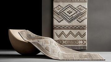 Elegant Neutral toned Rug with Geometric Pattern Draped on Wooden Form Perfect for Interior Design Inspiration photo