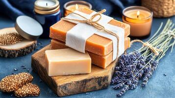 Aromatic Handmade Soap Bars with Lavender and Candles Spa Relaxation Products photo