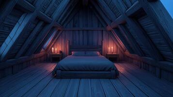 Cozy Rustic Attic Bedroom at Night with Wooden Beams and Candlelight photo