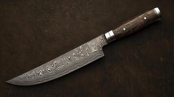 Exquisite Damascus Steel Chef Knife with Elegant Wooden Handle on Dark Background A High Quality Kitchen Tool Image photo