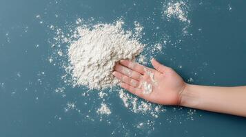 A hand gently rests on a pile of flour scattered on a teal background Baking cooking and food preparation concept photo