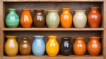 Collection of Colorful Ceramic Vases on Wooden Shelf Display Stylish Home Decor Items photo