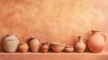 Collection of Rustic Terracotta Pottery Against a Textured Orange Wall photo