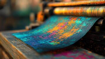 Vibrant Colorful Fabric Rolling Through Vintage Printing Machine Abstract Texture Background photo