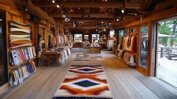 Rustic Wooden Shop Interior with Colorful Woven Textiles and Rugs Displayed photo